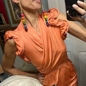 Orange silk jersey draped ruffle dress Catherine Malandrino belt pockets P XS